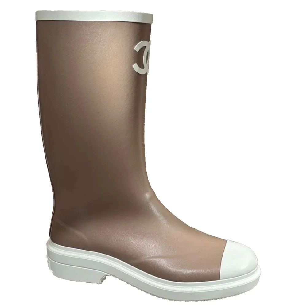 Chanel 26C Beige White Caoutchouc CC Logo High Pull On Rubber Rain Boots 36 - Picture 2 of 16